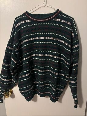 Oversized Green Nordic Style Patterned 100% Cotton Crewneck Sweater